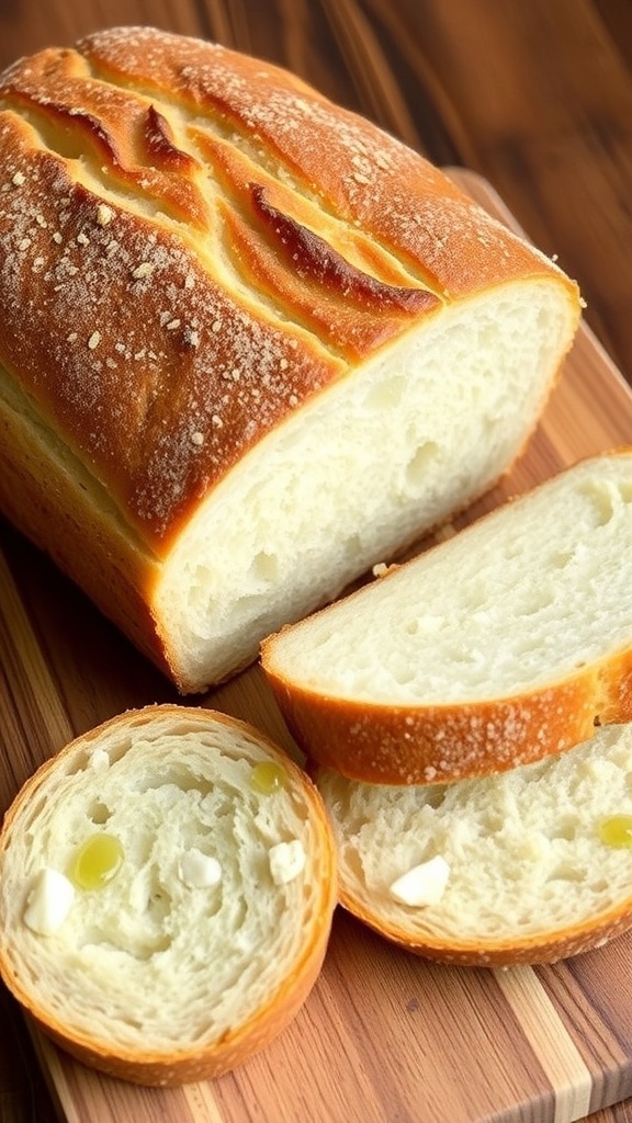 A golden-brown gluten-free bread loaf sliced on a cutting board with olive oil on the side.